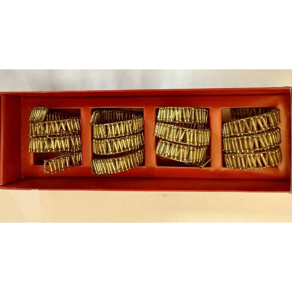 Vintage Pier 1 Gold Beaded Spiral Napkin Rings Ring Set of 4 NOS